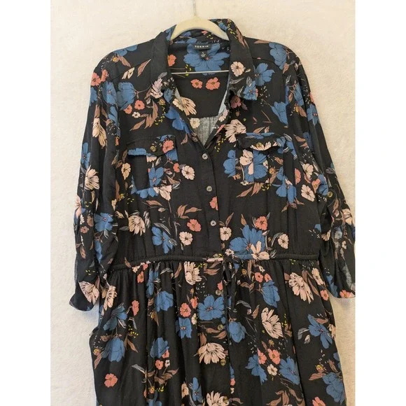 Torrid Floral Button Front Midi Shirt Dress Black Blue Pink Plus Size 1 - Picture 2 of 10